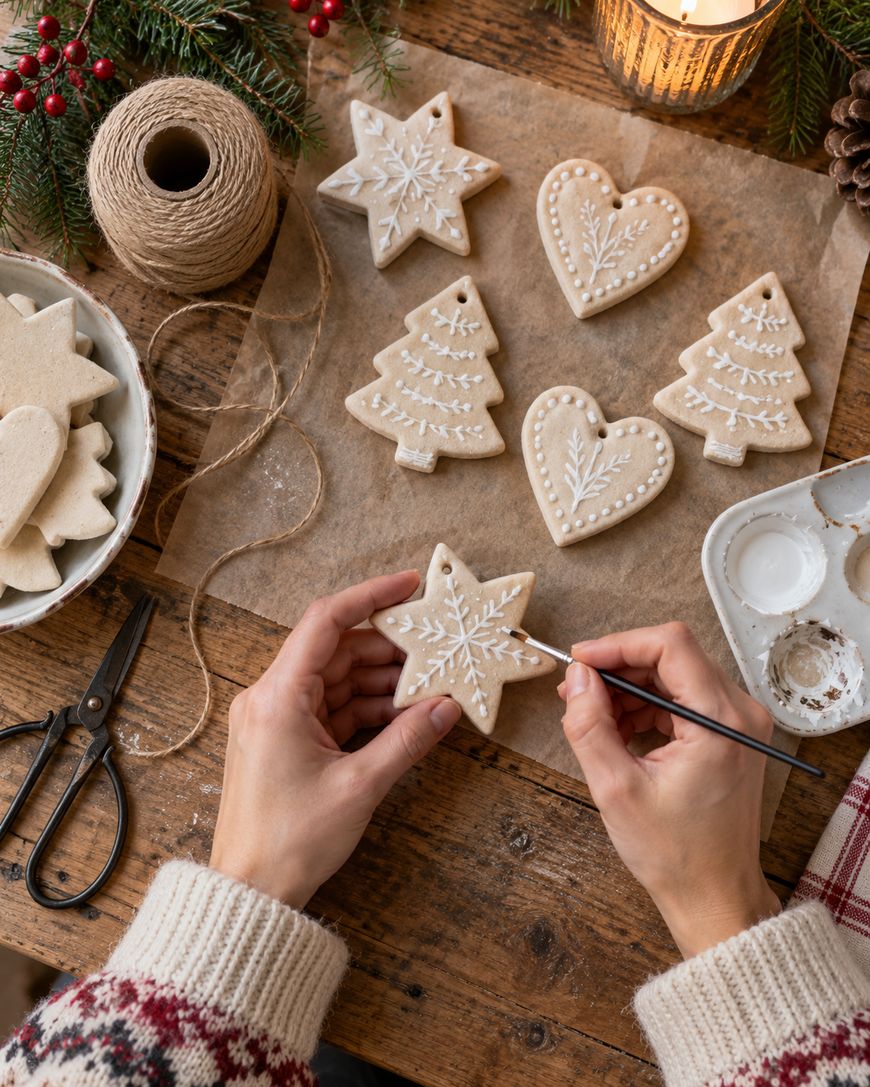 Hands decorating a star-shaped cookie with white icing on a wooden table alongside other Christmas-themed cookies, a bowl of cookies, twine, and a paintbrush.