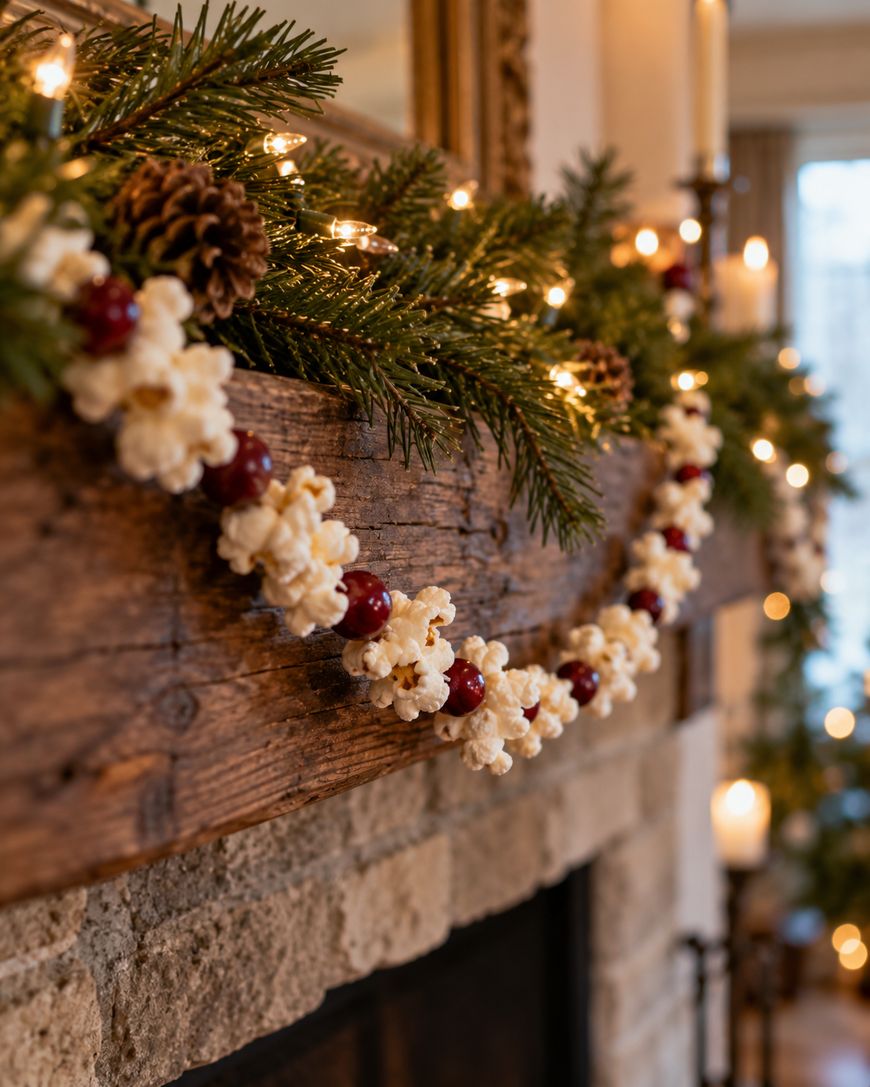 A fireplace mantel decorated with a garland of popcorn and cranberries, pine branches, pinecones, and string lights.