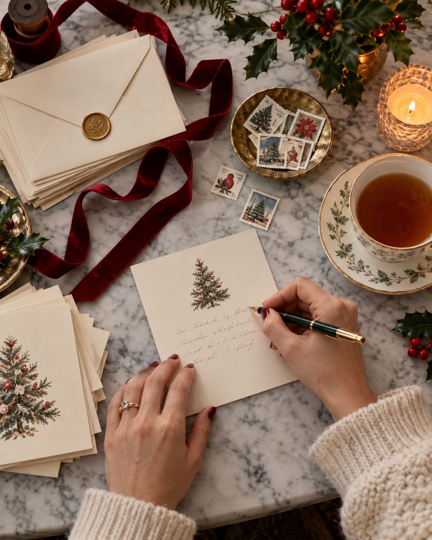 A person writing a holiday card at a marble table set with Christmas stamps, a stack of envelopes with wax seals, and a cup of tea.