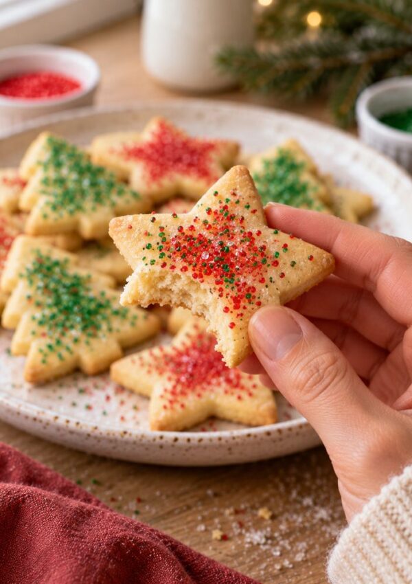 A hand holding a star-shaped sugar cookie with a bite taken out of it, with a plate of similar Christmas-themed cookies in the background.
