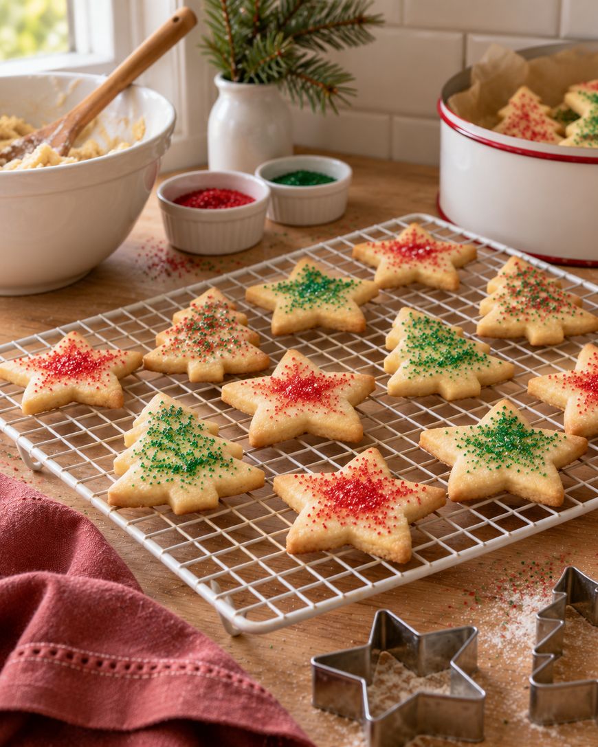 Star and Christmas tree-shaped sugar cookies decorated with red and green sprinkles cooling on a wire rack.