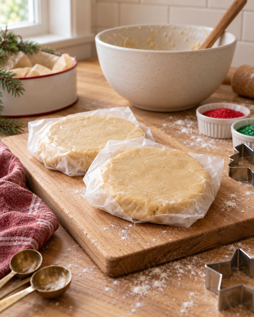 Two discs of cookie dough wrapped in parchment paper sit on a wooden cutting board, surrounded by bowls of sprinkles and star-shaped cookie cutters.