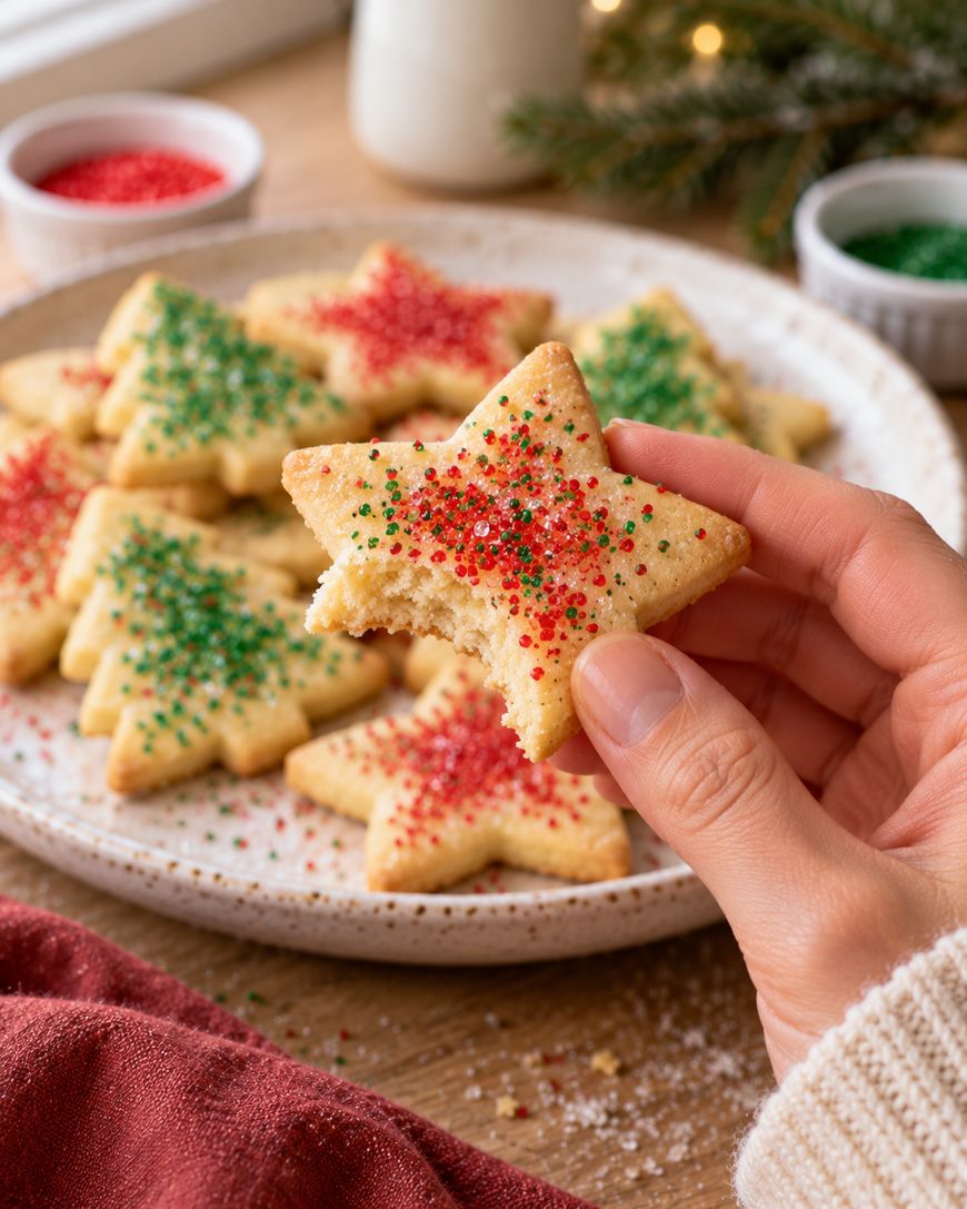A hand holding a star-shaped sugar cookie with a bite taken out, with a plate of similar star and tree-shaped cookies in the background.