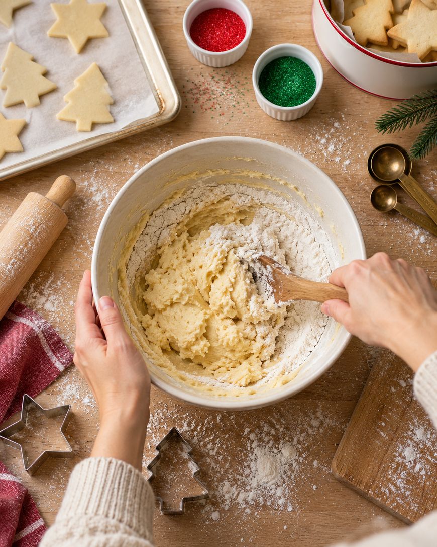 Hands mixing cookie dough in a bowl, surrounded by star and tree-shaped cookie cutters, a rolling pin, and bowls of sprinkles.