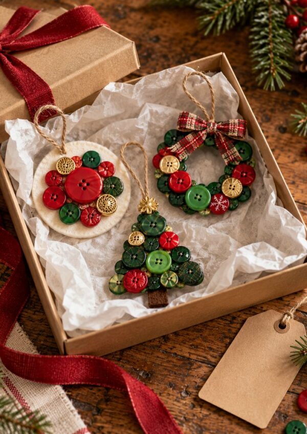 Three handmade holiday ornaments crafted from red and green buttons—a round wreath, a tree, and a circular medallion—arranged inside a gift box lined with tissue paper.