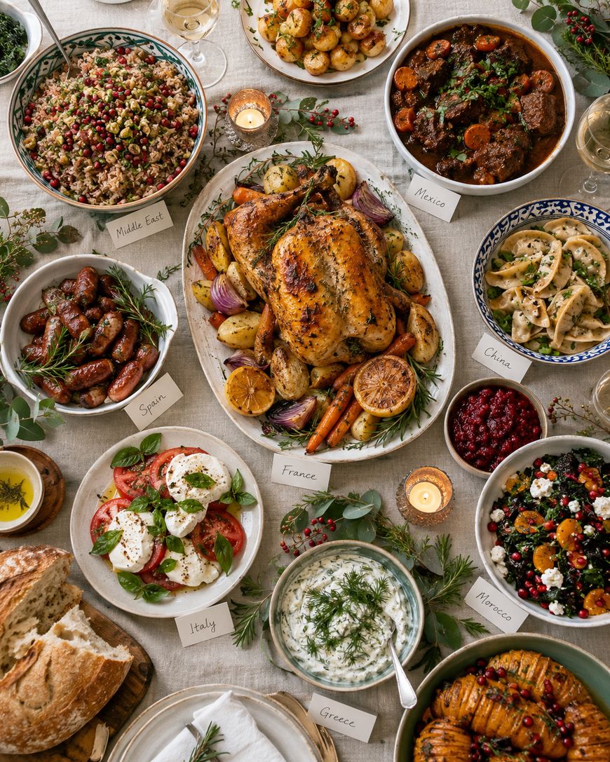 An overhead view of a large table spread with various international dishes, each labeled with its country of origin, featuring a central roasted chicken surrounded by bowls of stew, salad, grains, pasta, and appetizers.