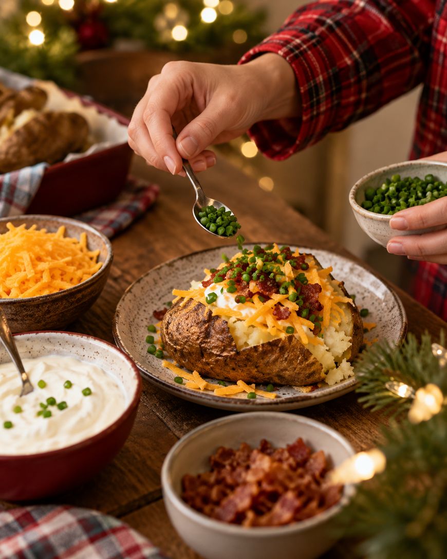 A hand uses a spoon to sprinkle chopped chives onto a baked potato topped with sour cream, shredded cheddar cheese, and bacon bits.