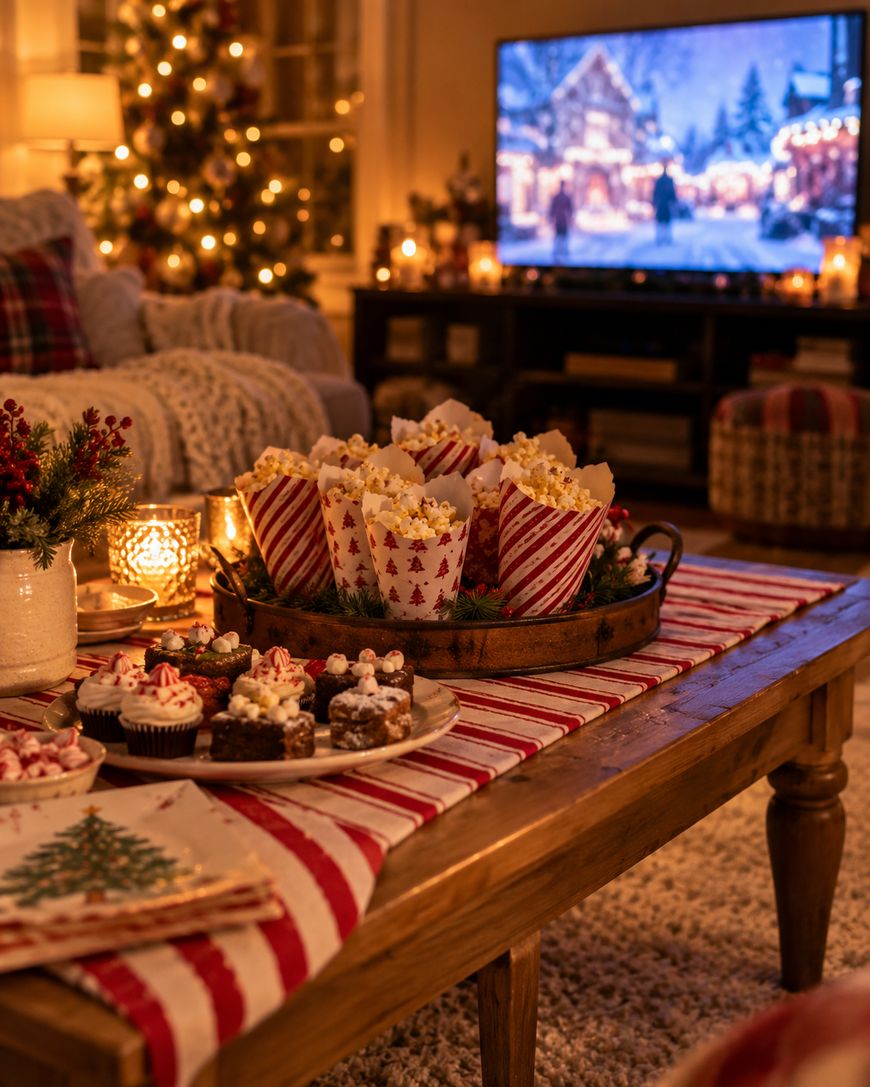 A tray of popcorn in red and white Christmas-themed paper cones, with a plate of holiday cupcakes on a wooden coffee table in a cozy living room.