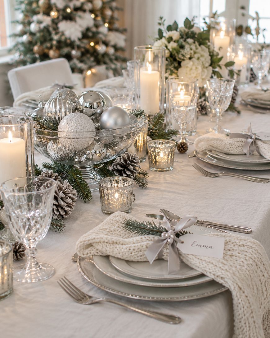 A holiday table setting with a place card labeled Emma on a knit napkin, topped with pine and ribbon, surrounded by glassware, silver ornaments, and lit candles.