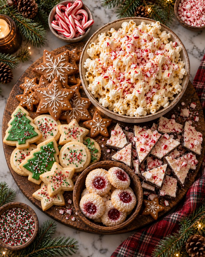 A wooden serving board featuring a bowl of peppermint popcorn, star-shaped gingerbread cookies, iced sugar cookies shaped like trees and stars, thumbprint cookies with jam, and pieces of peppermint bark.