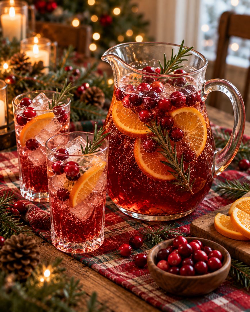 A glass pitcher and two glasses filled with a red sparkling drink containing orange slices, fresh cranberries, and rosemary sprigs, set on a plaid tablecloth.