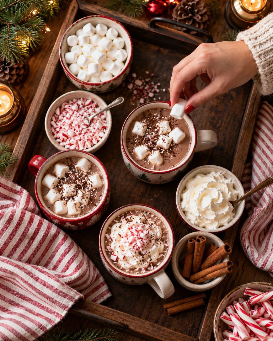 A hand places a marshmallow into a mug of hot cocoa on a wooden tray filled with bowls of marshmallows, crushed peppermint, whipped cream, and cinnamon sticks.