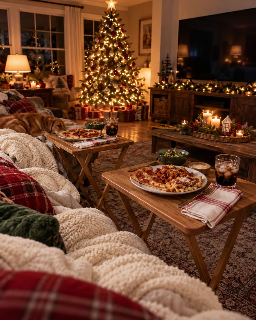 Two plates of pizza and pasta with drinks on wooden tray tables in a cozy, decorated living room with a lit Christmas tree and a sleeping dog.