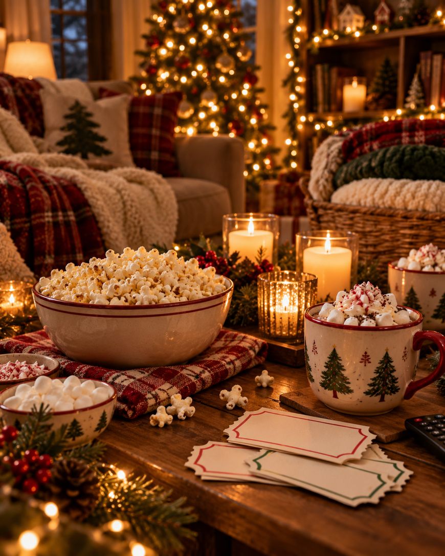 A festive scene featuring a large bowl of popcorn, mugs of hot cocoa topped with marshmallows and candy canes, and three lit candles on a wooden table, with a blurred Christmas tree in the background.