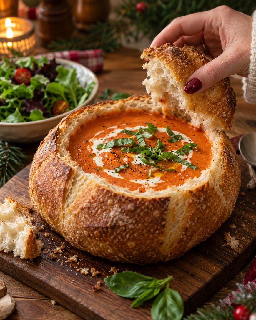 A hand dips a piece of crusty bread into a round bread bowl filled with creamy tomato soup topped with basil.