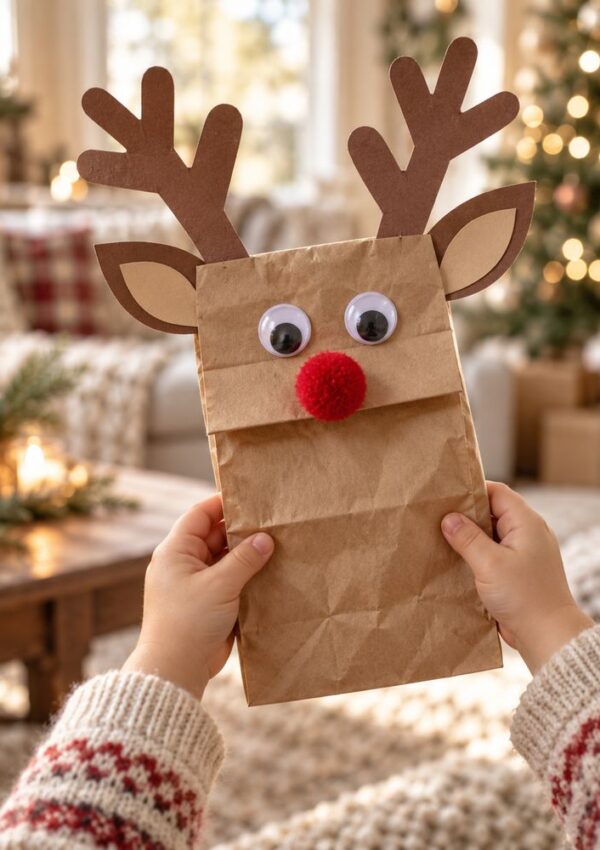 Hands hold a homemade reindeer puppet made from a brown paper bag with paper antlers, googly eyes, and a red pom-pom nose.
