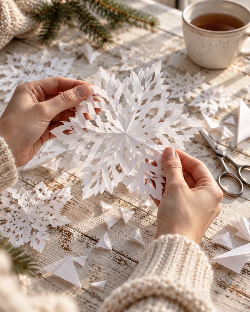 Hands hold a delicate, white paper snowflake over a wooden table covered in additional cut-paper scraps, scissors, and a mug of tea.
