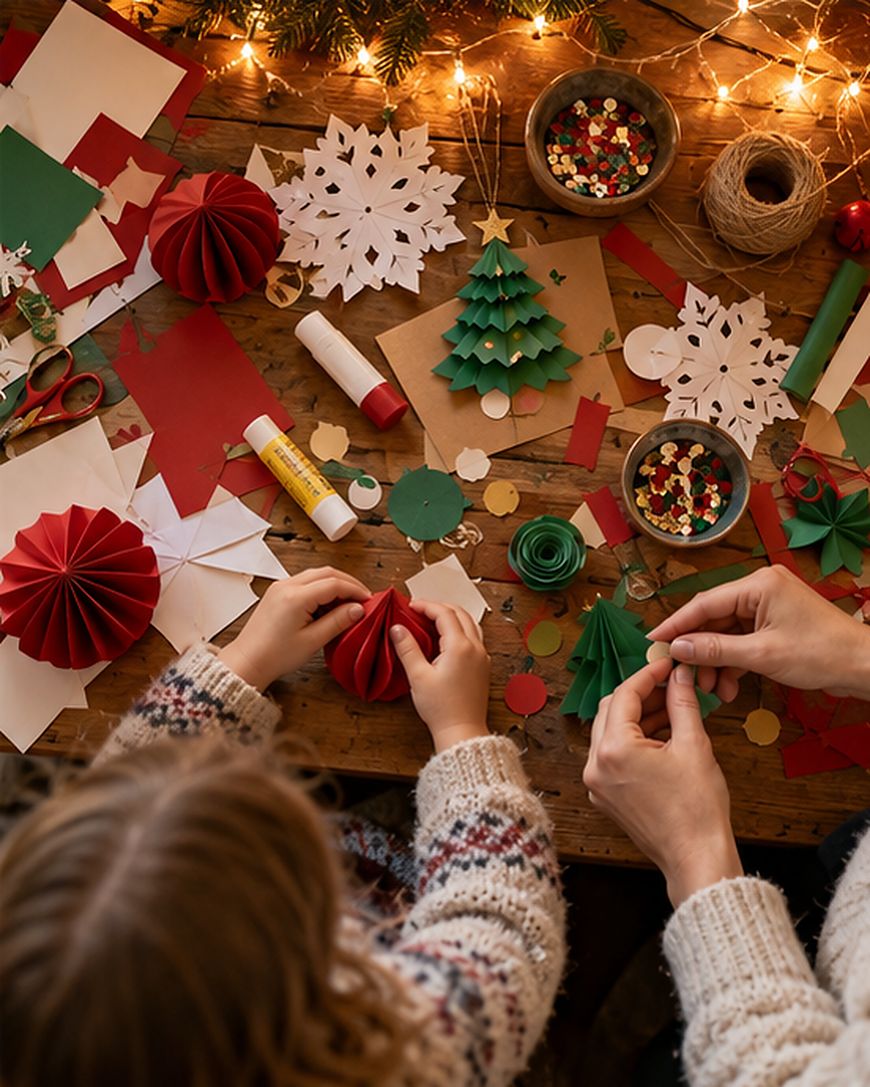 An adult and a child crafting paper Christmas ornaments together at a wooden table covered with supplies.