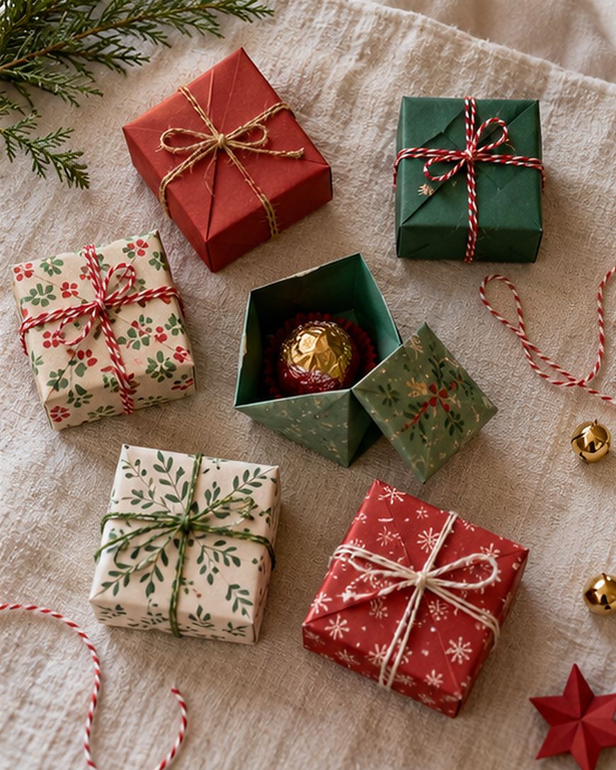 Five small gift-wrapped boxes on a textured cloth, one of which is open to reveal a gold-wrapped chocolate truffle inside.