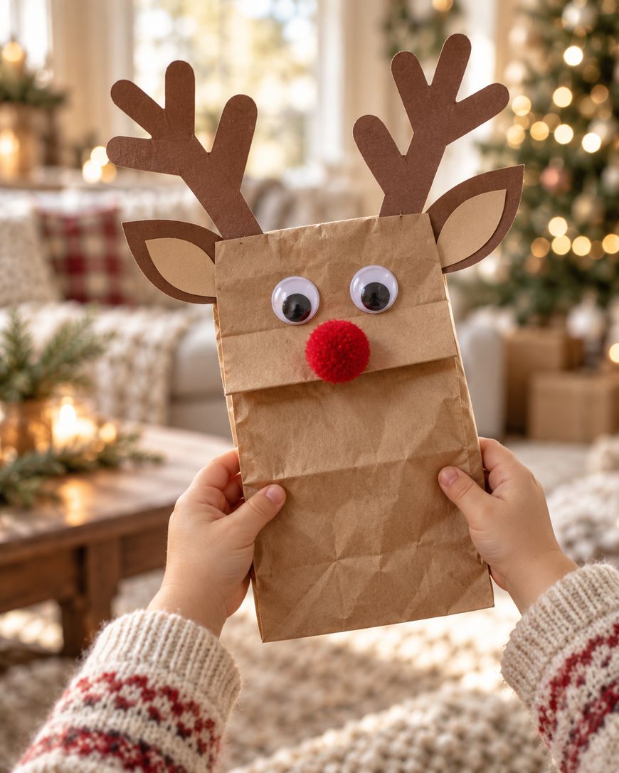 A person holding a reindeer puppet made from a brown paper bag with paper antlers, googly eyes, and a red pom-pom nose.