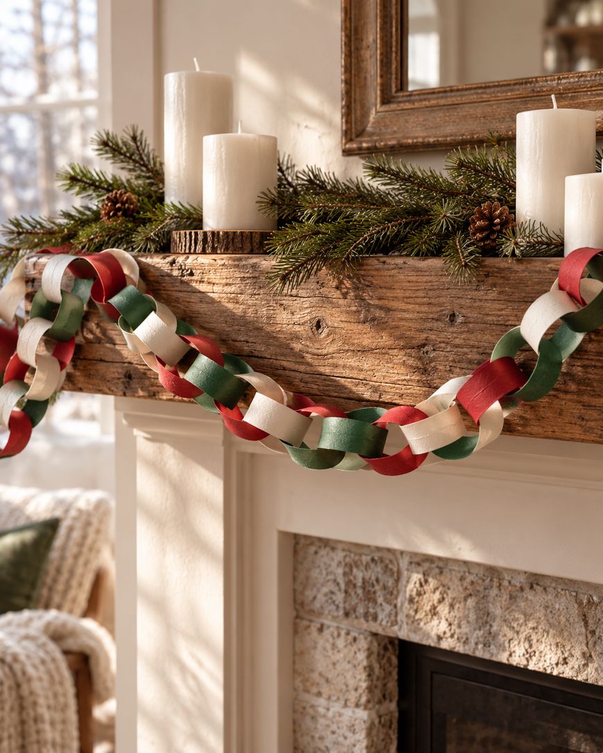A fireplace mantel decorated with a garland of red, green, and cream paper loops, evergreen branches, pinecones, and pillar candles.