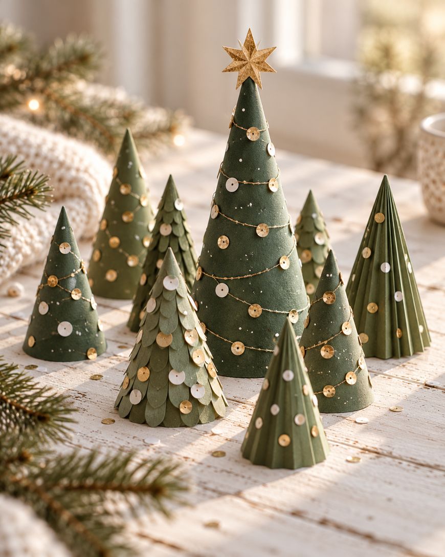 A collection of various cone-shaped paper Christmas trees in shades of green, decorated with gold sequins and a gold star topper, arranged on a white wooden surface.