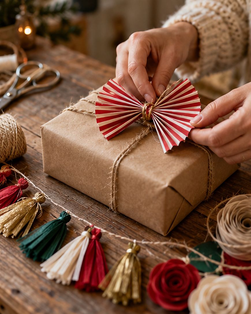 A person wraps a brown paper gift with twine and a pleated red-and-white paper bow.