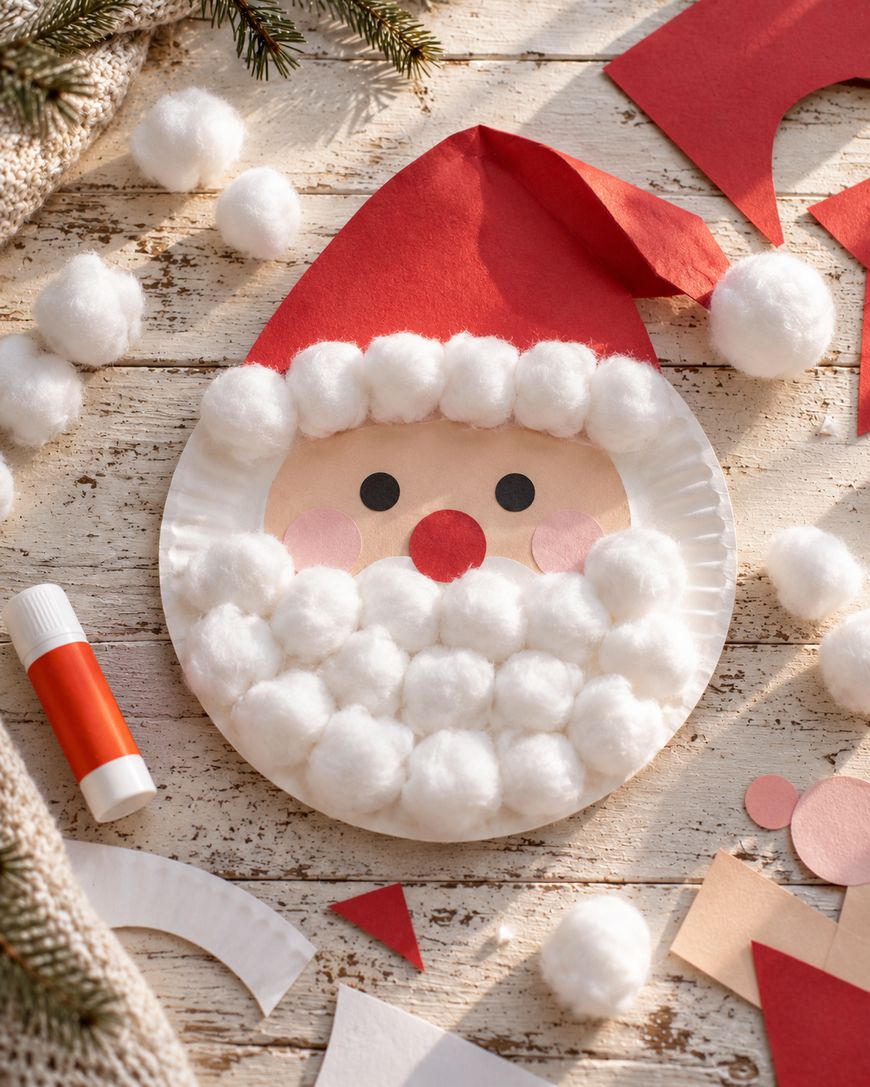 A paper plate Santa Claus craft with a red construction paper hat and a beard made of white pom-poms, surrounded by glue and craft supplies on a wooden table.