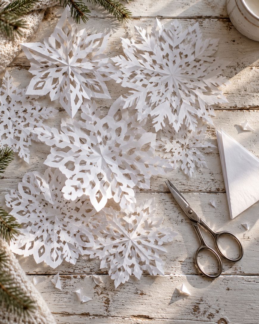 Several intricate white paper snowflakes arranged on a white wooden table with a pair of scissors and a folded piece of paper.