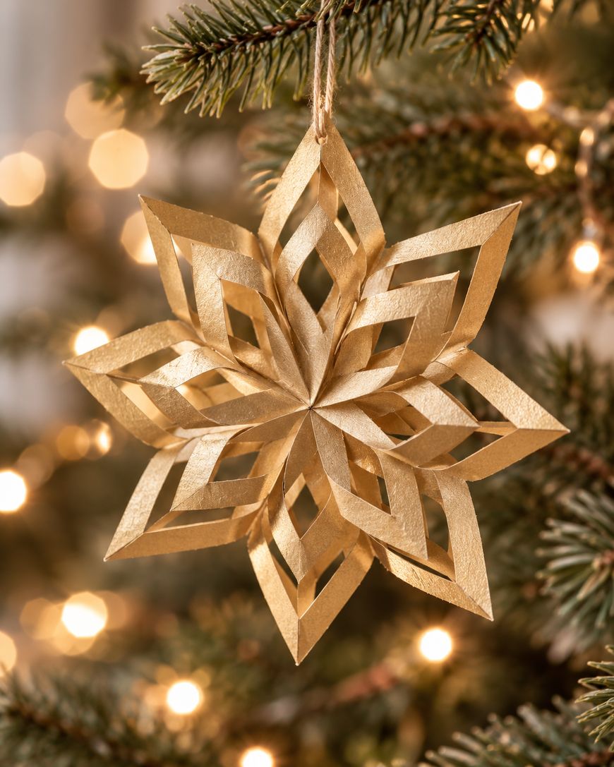 A folded gold paper star ornament hanging on a Christmas tree.