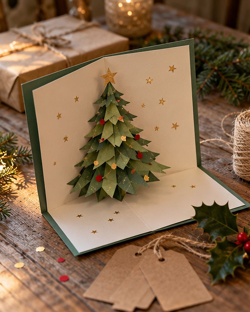 A pop-up Christmas card featuring a 3D paper tree decorated with gold stars and red ornaments, sitting on a wooden surface with gift tags and holly.