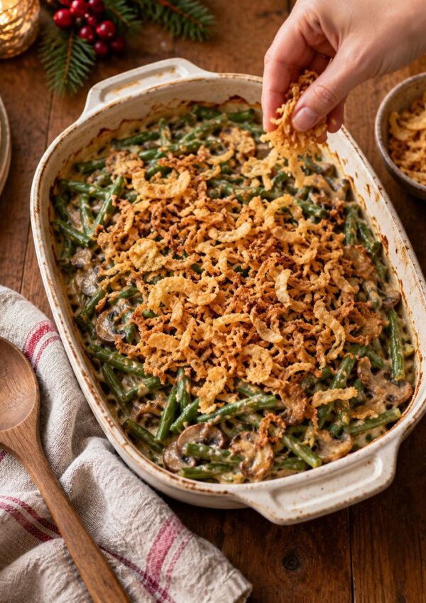 A hand sprinkles crispy fried onions onto a creamy green bean casserole in a ceramic baking dish.