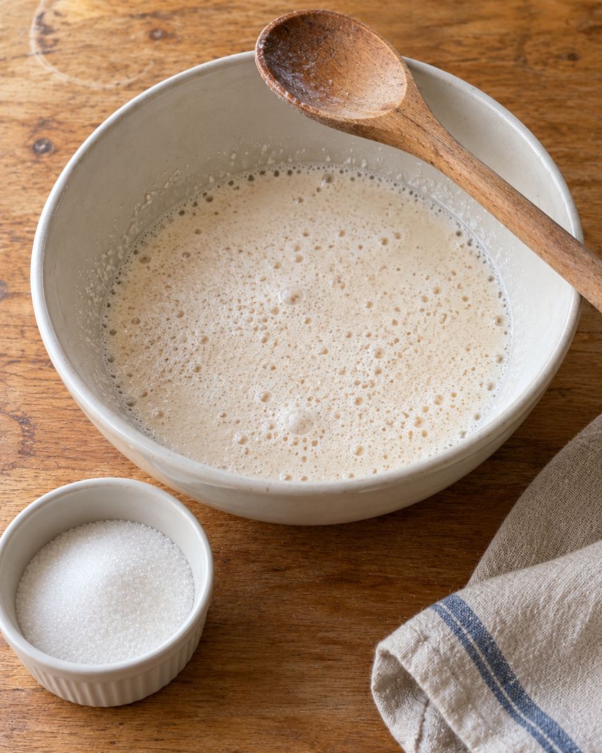 A wooden spoon rests in a bowl of foamy liquid next to a small ramekin of granulated sugar.