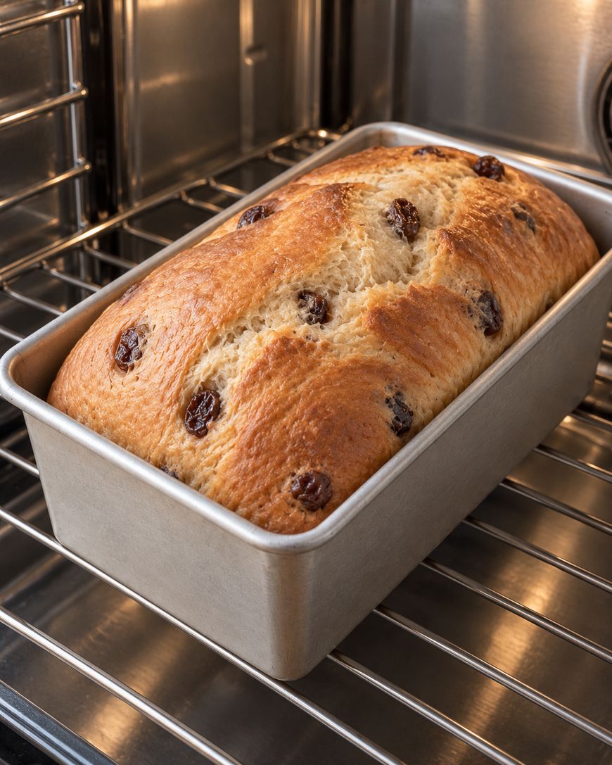 A loaf of golden-brown raisin bread baking in a metal pan inside an oven.