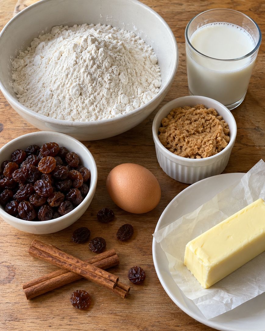Ingredients for baking including a large bowl of flour, a small bowl of raisins, a cup of milk, a small bowl of brown sugar, a single egg, a stick of butter, and two cinnamon sticks on a wooden surface.