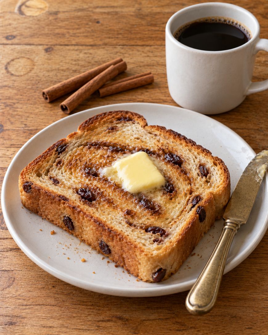 A slice of toasted cinnamon raisin bread topped with a pat of butter on a plate, with a knife, two cinnamon sticks, and a mug of black coffee nearby.