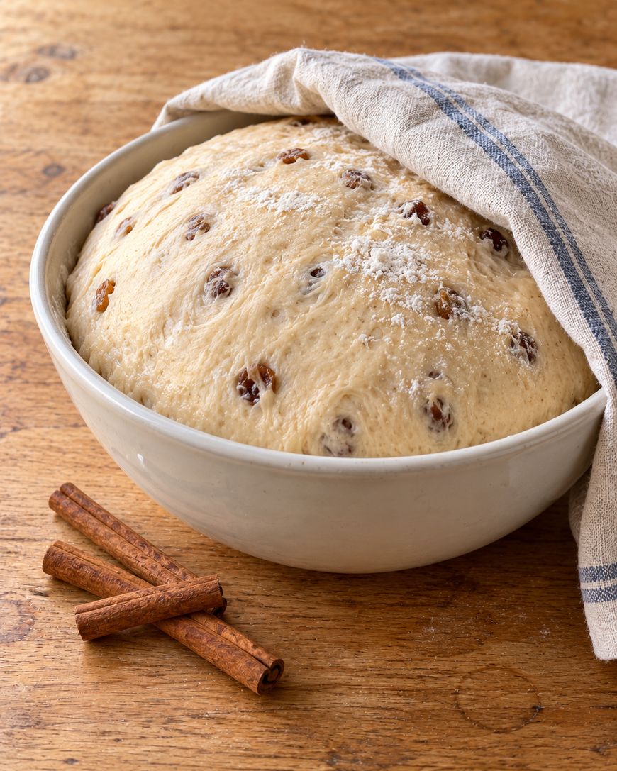 A bowl of proofing dough containing raisins, partially covered by a cloth, with cinnamon sticks on the wooden surface nearby.