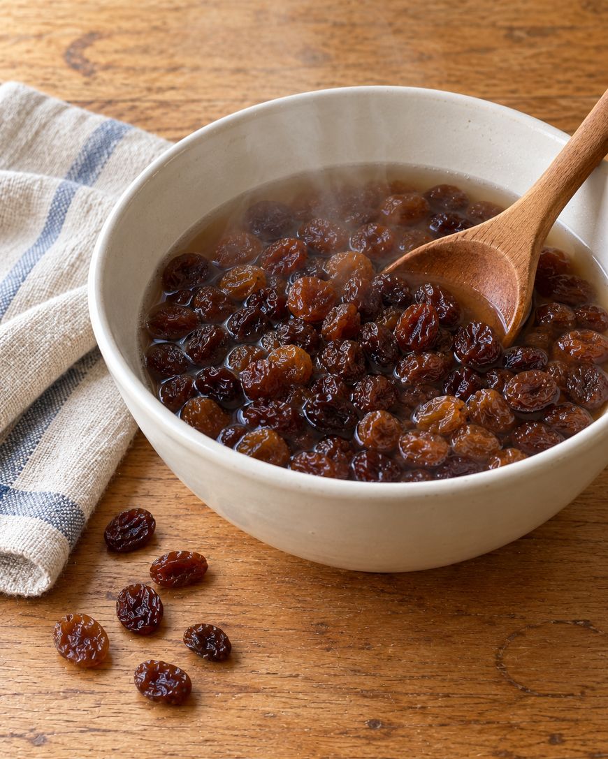 A wooden spoon rests in a white bowl filled with steaming raisins and water, with a few loose raisins on the wooden table nearby.