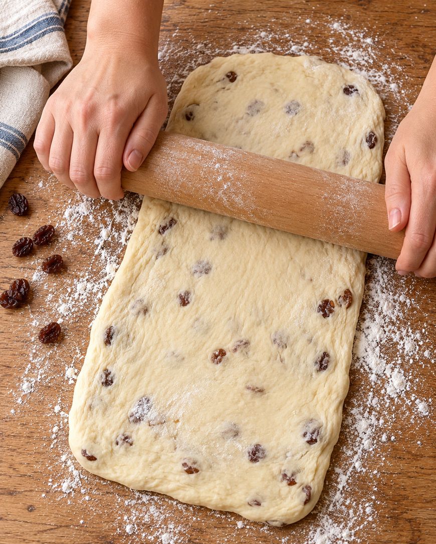 Hands using a wooden rolling pin to flatten raisin-studded dough on a floured surface.