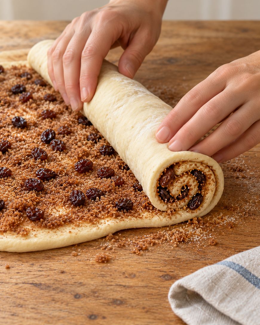 Hands rolling a sheet of dough covered in brown sugar and raisins into a log.