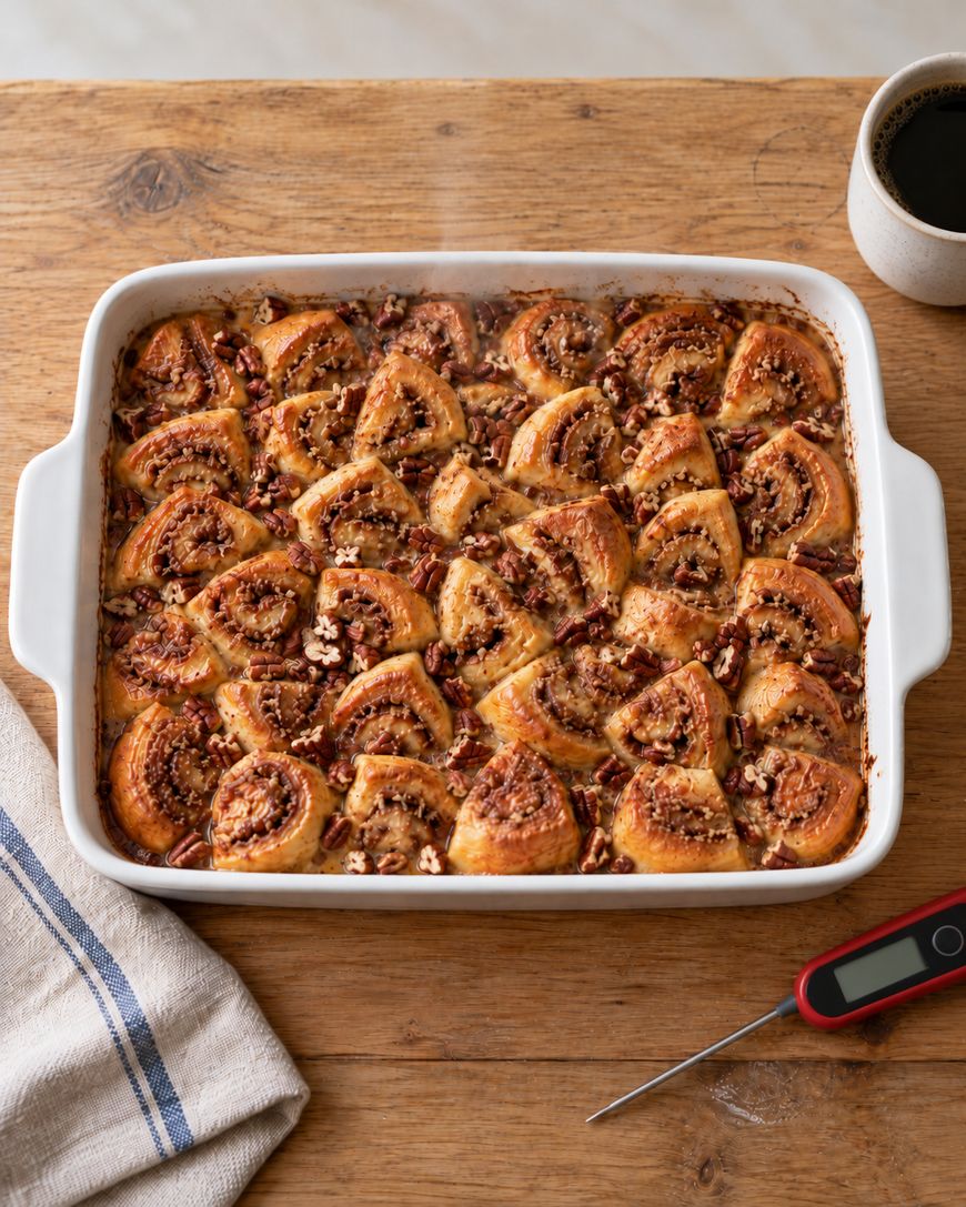A rectangular baking dish filled with freshly baked pecan sticky buns, with a digital kitchen thermometer and a cup of coffee nearby on a wooden table.