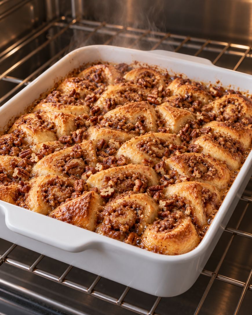 A rectangular baking dish filled with freshly baked pecan sticky buns inside an oven.