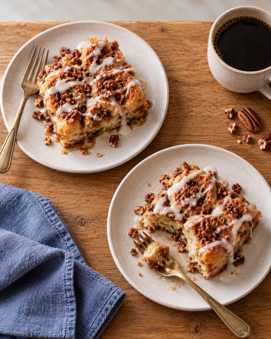 Two plates of sticky buns drizzled with icing and topped with pecans, served with a cup of black coffee.