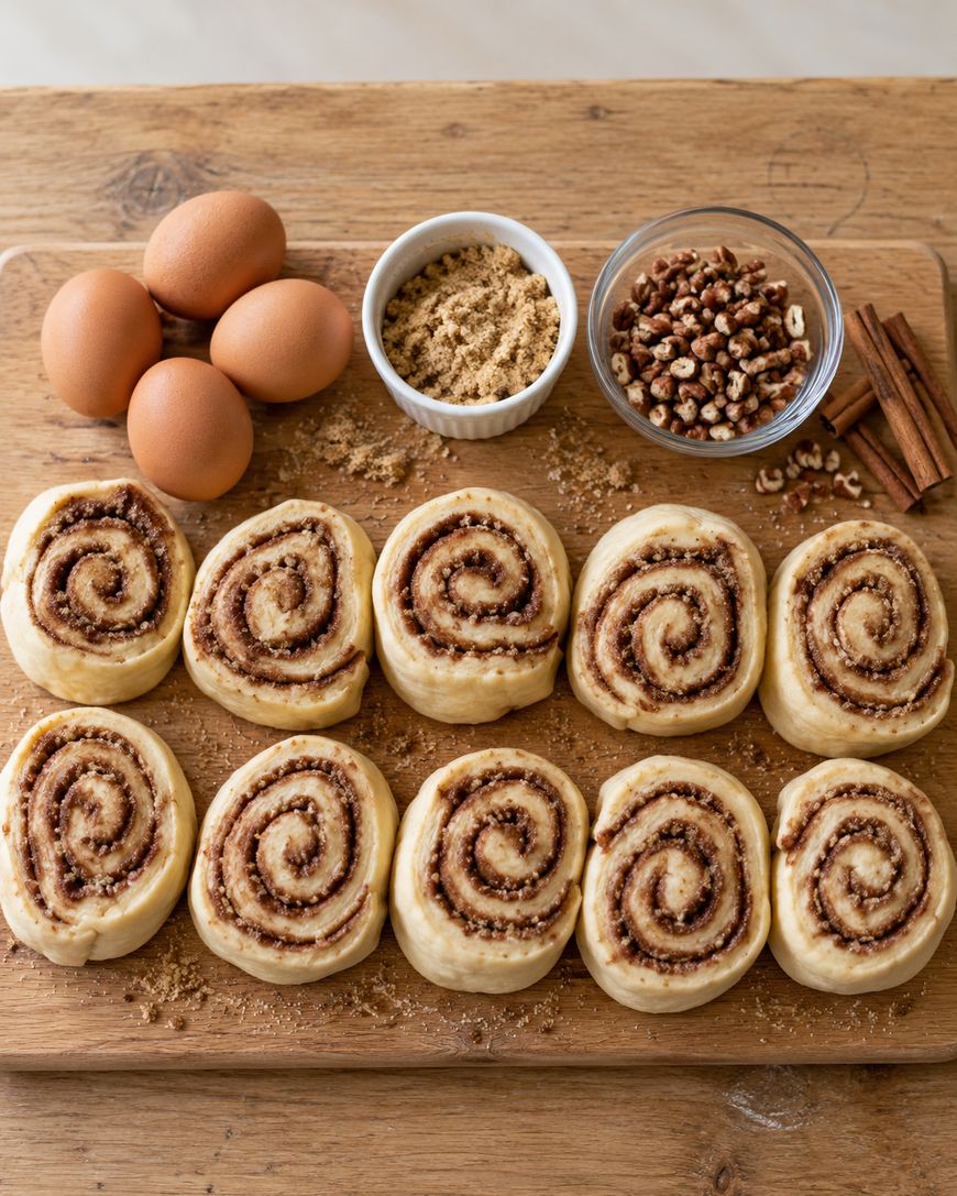 Ten unbaked cinnamon rolls arranged on a wooden board next to eggs, a bowl of brown sugar, a bowl of chopped pecans, and cinnamon sticks.