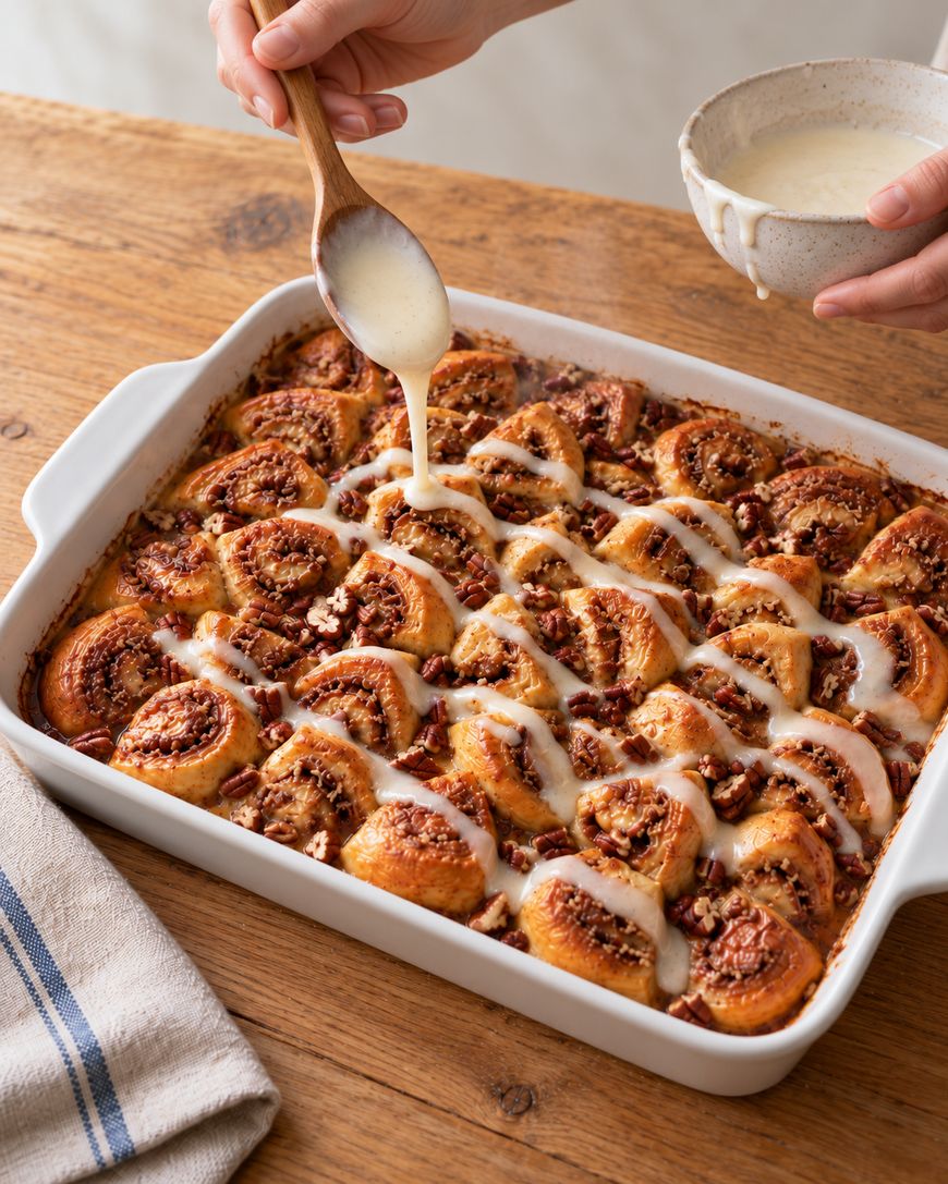 A hand uses a wooden spoon to drizzle icing over a rectangular pan of baked pecan cinnamon rolls.