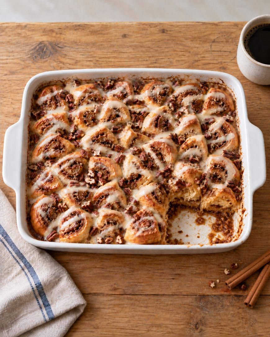 A white baking dish filled with pecan sticky buns drizzled with icing, with one bun removed.