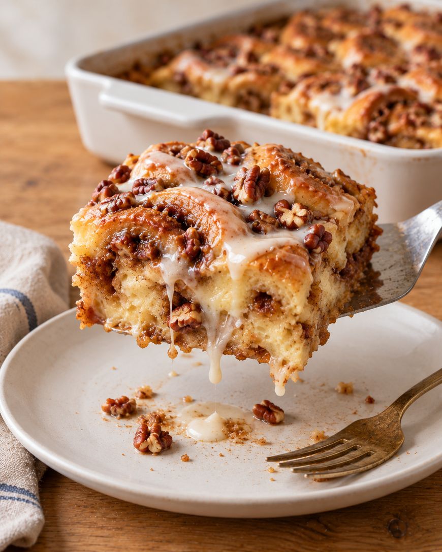 A spatula lifts a single glazed cinnamon roll topped with pecans from a baking dish onto a plate.