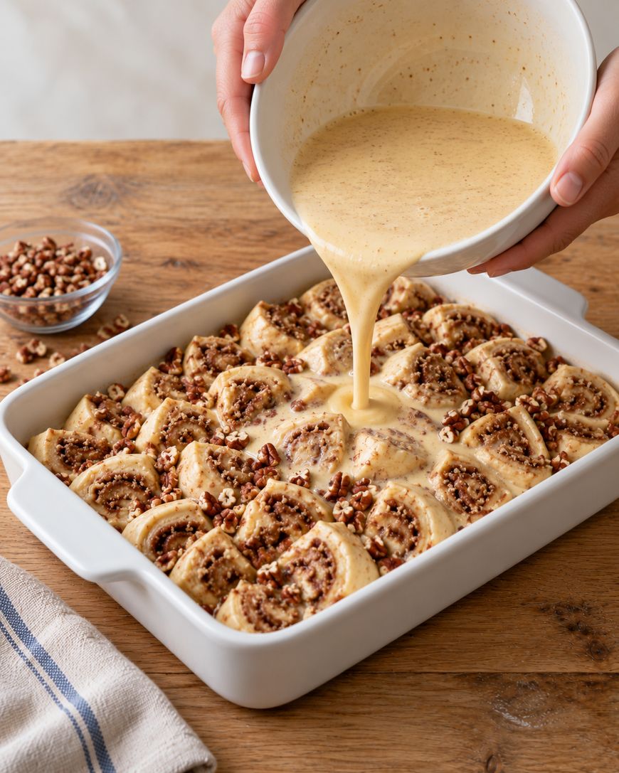 Hands pouring a creamy glaze from a bowl over a tray of unbaked cinnamon rolls topped with chopped nuts.
