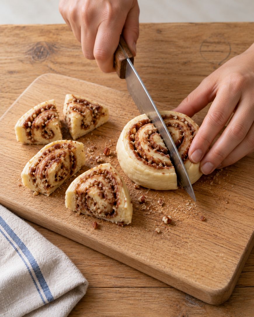 Hands using a knife to cut a cinnamon roll on a wooden cutting board, with other pre-cut pieces nearby.