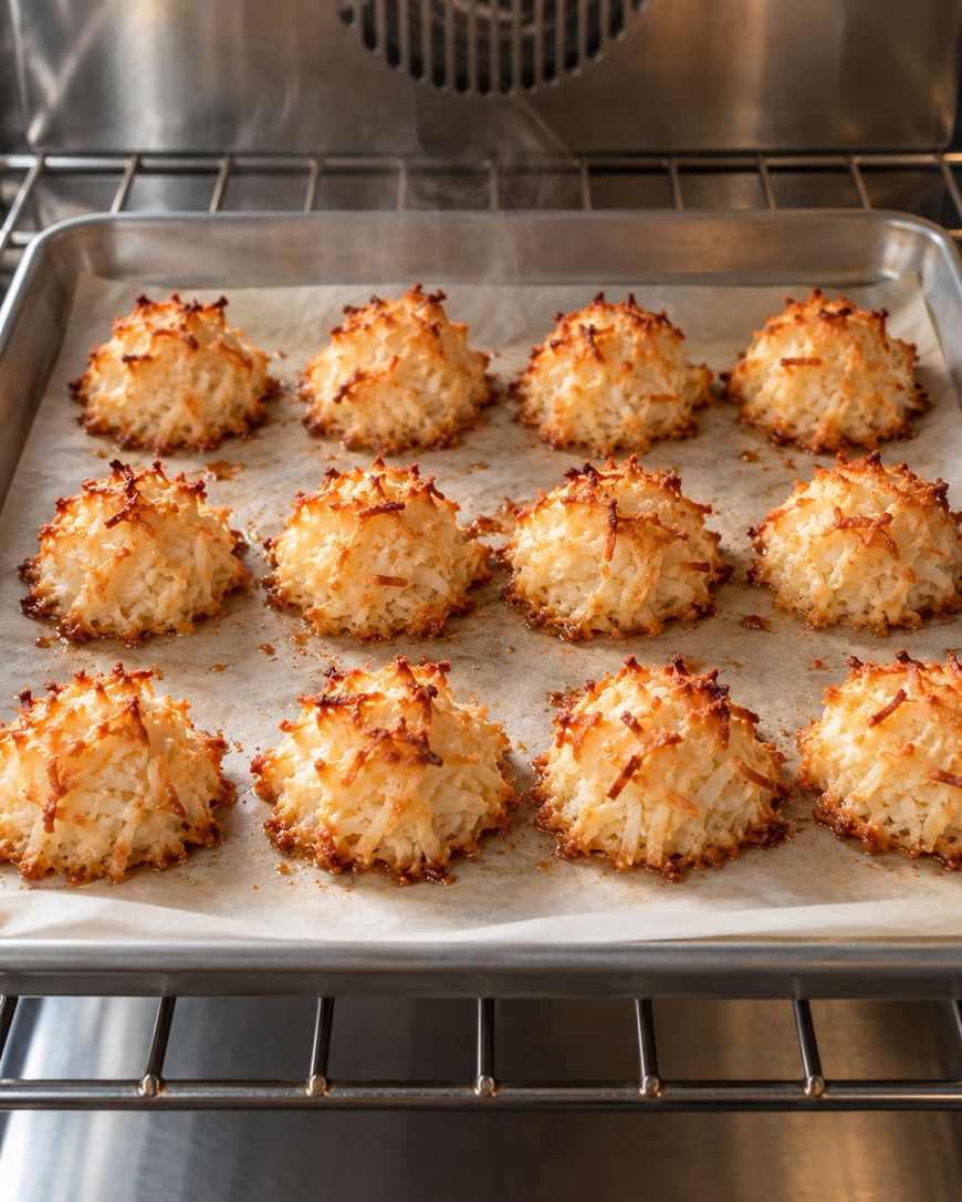 Twelve golden-brown coconut macaroons cooling on a baking sheet inside an oven.